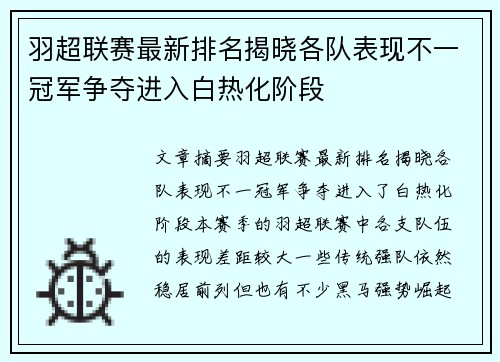 羽超联赛最新排名揭晓各队表现不一冠军争夺进入白热化阶段