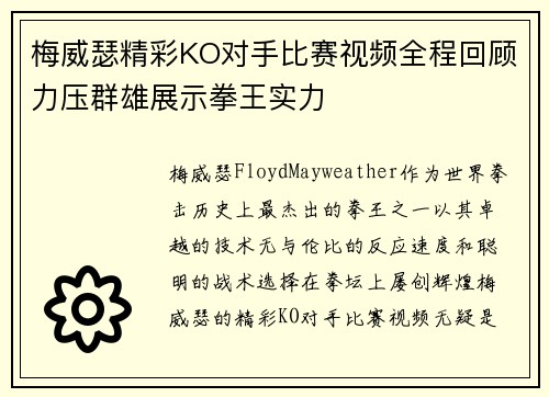 梅威瑟精彩KO对手比赛视频全程回顾力压群雄展示拳王实力