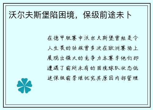沃尔夫斯堡陷困境，保级前途未卜